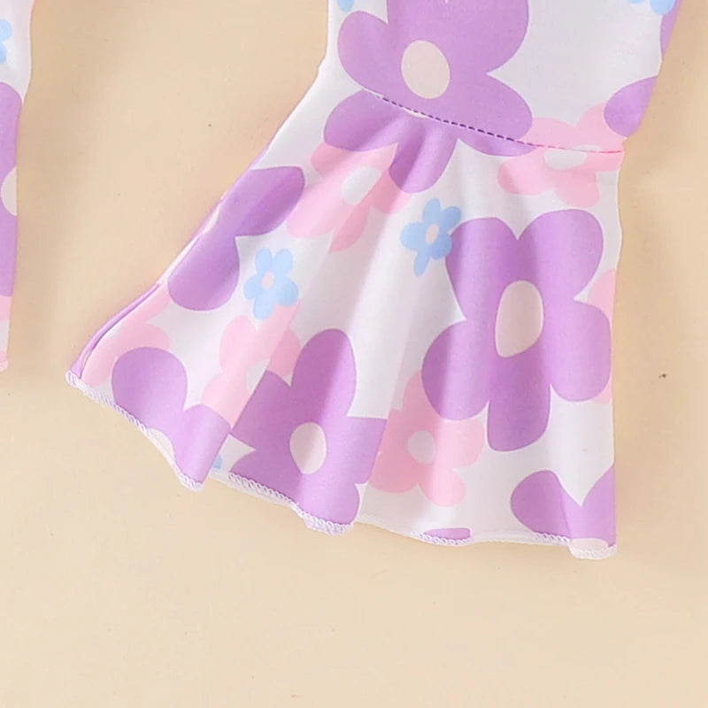 Cute Toddler Girl Autumn Ensemble Bear Embroidered Sweatshirt Floral Flare Pants Headband - 3 Piece Set for Fall