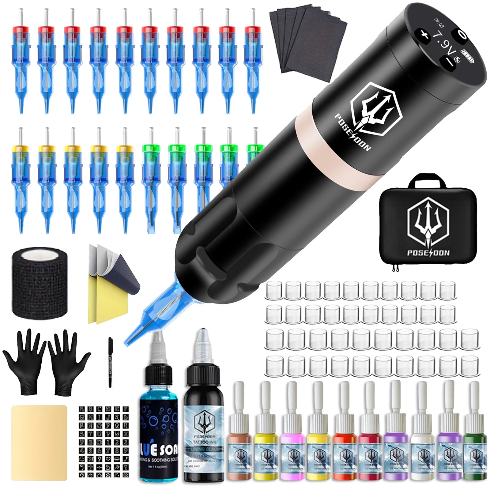 Tattoo Kit POSEIDON New Memory Tattoo Pen Kit For Permanent Makeup Tattoo Machine Wireless Tattoo Power Supply Tattoo Gun Kit