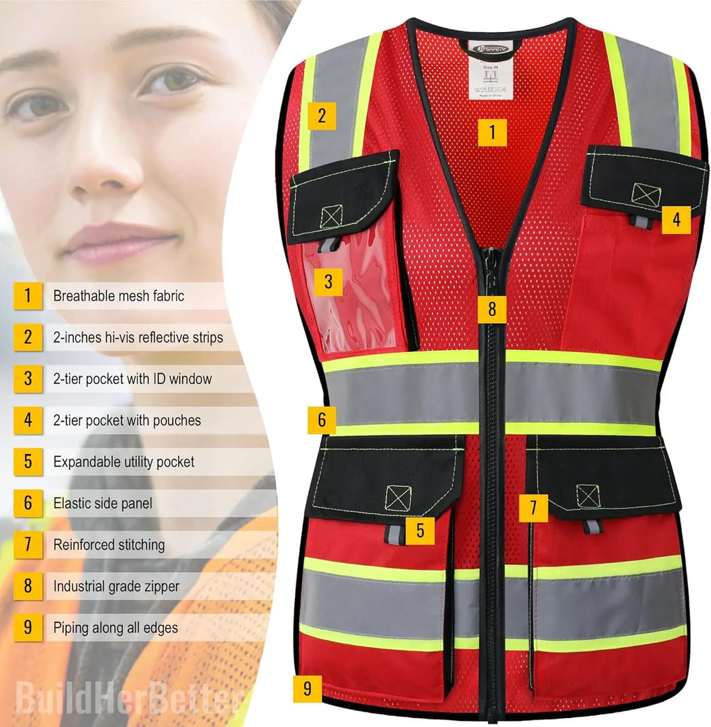 Women's Hi-Vis Reflective Safety Vest with Pockets, Zipper, ANSI Compliant, Waist-Fitted Style