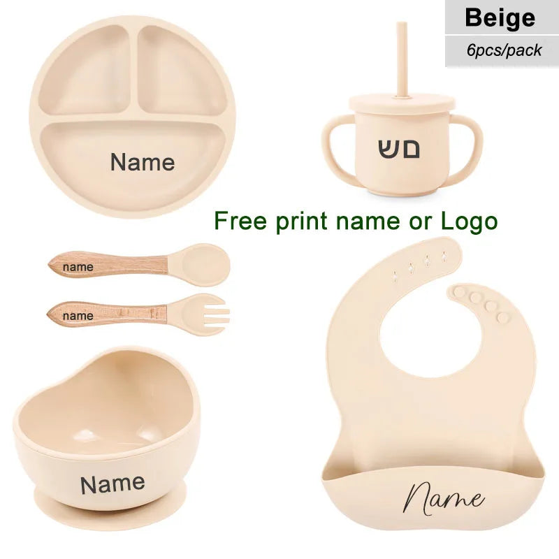 Set 6pcs Vajilla de Silicona para Bebé | Bol, Plato, Cuchara, Tenedor, Babero y Vaso 🍼