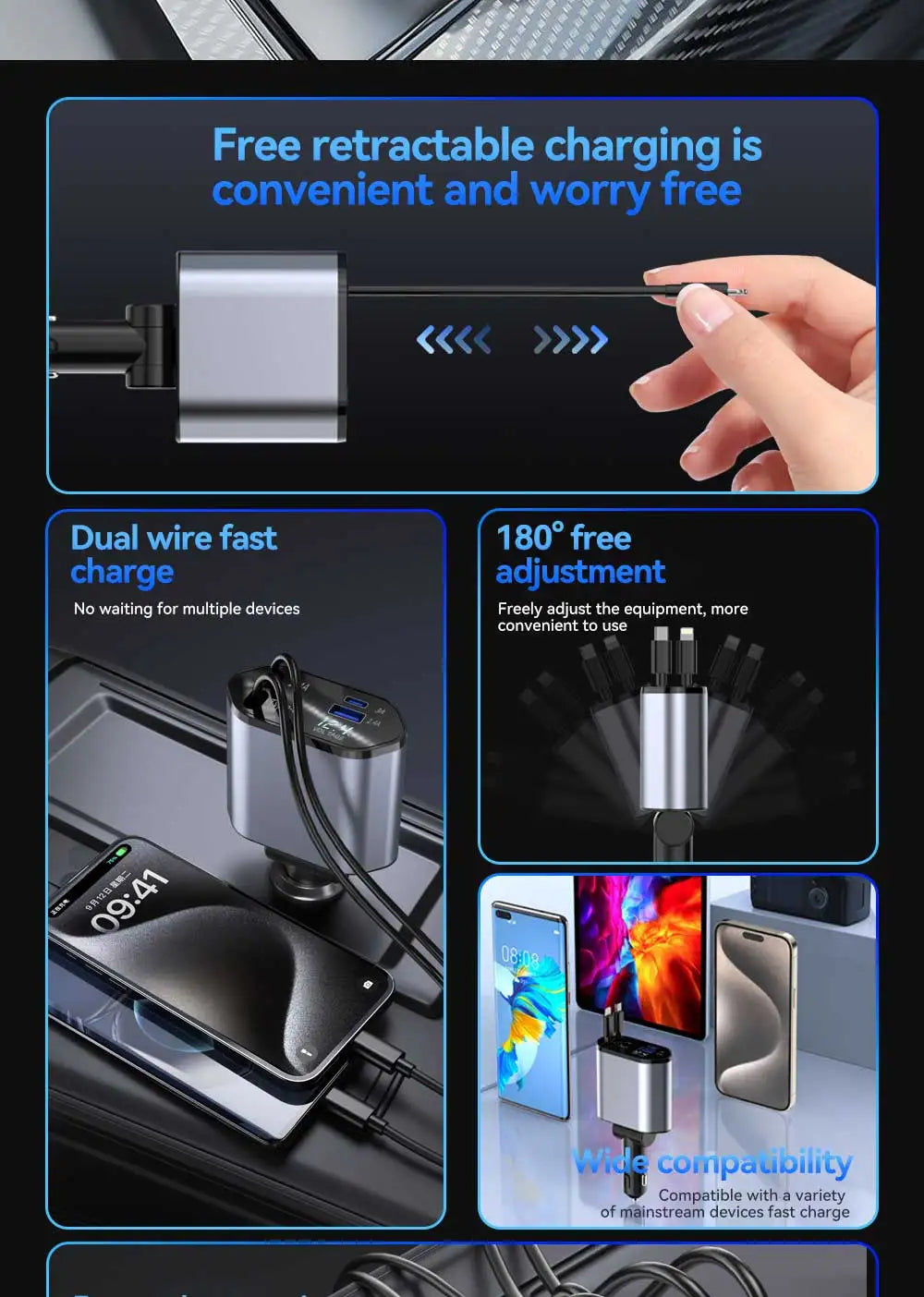 Cargador de Auto 4 en 1 120W Retráctil | USB Tipo C | iPhone Xiaomi Samsung 🔌