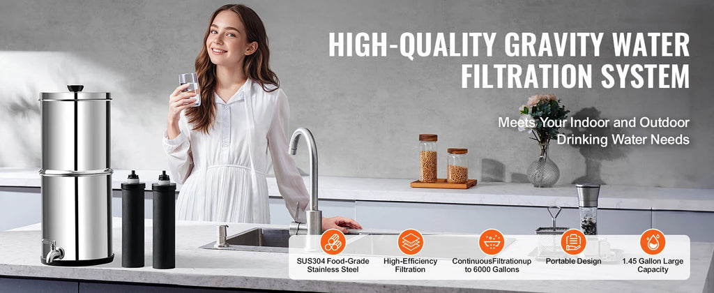 SucceBuy 1.5G 2.25G Gravity-fed Water Filter System 304 Stainless-Steel Water Filtration System Countertop with 2 Carbon Filters