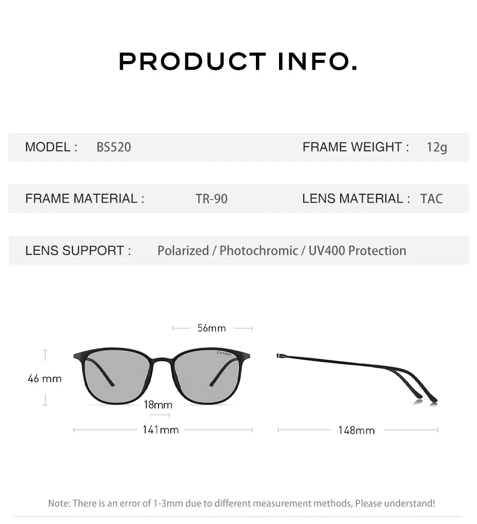 CAPONI Oval Men's Sunglasses Photochromic Polarized Sun Glasses For Men Protect UV Ray Super Light Driving Black Glasses BS520