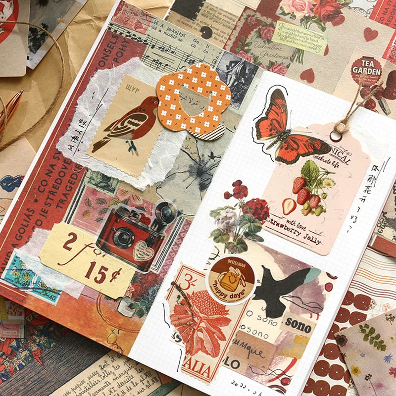 Retro scrapbook supplies, aesthetic diary tool kit, material paper set, simple Instagram style background, handmade DIY material
