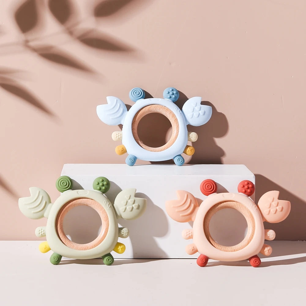 Crab Silicone Teether with Wooden Ring — BPA Free | Baby 0-6 Months