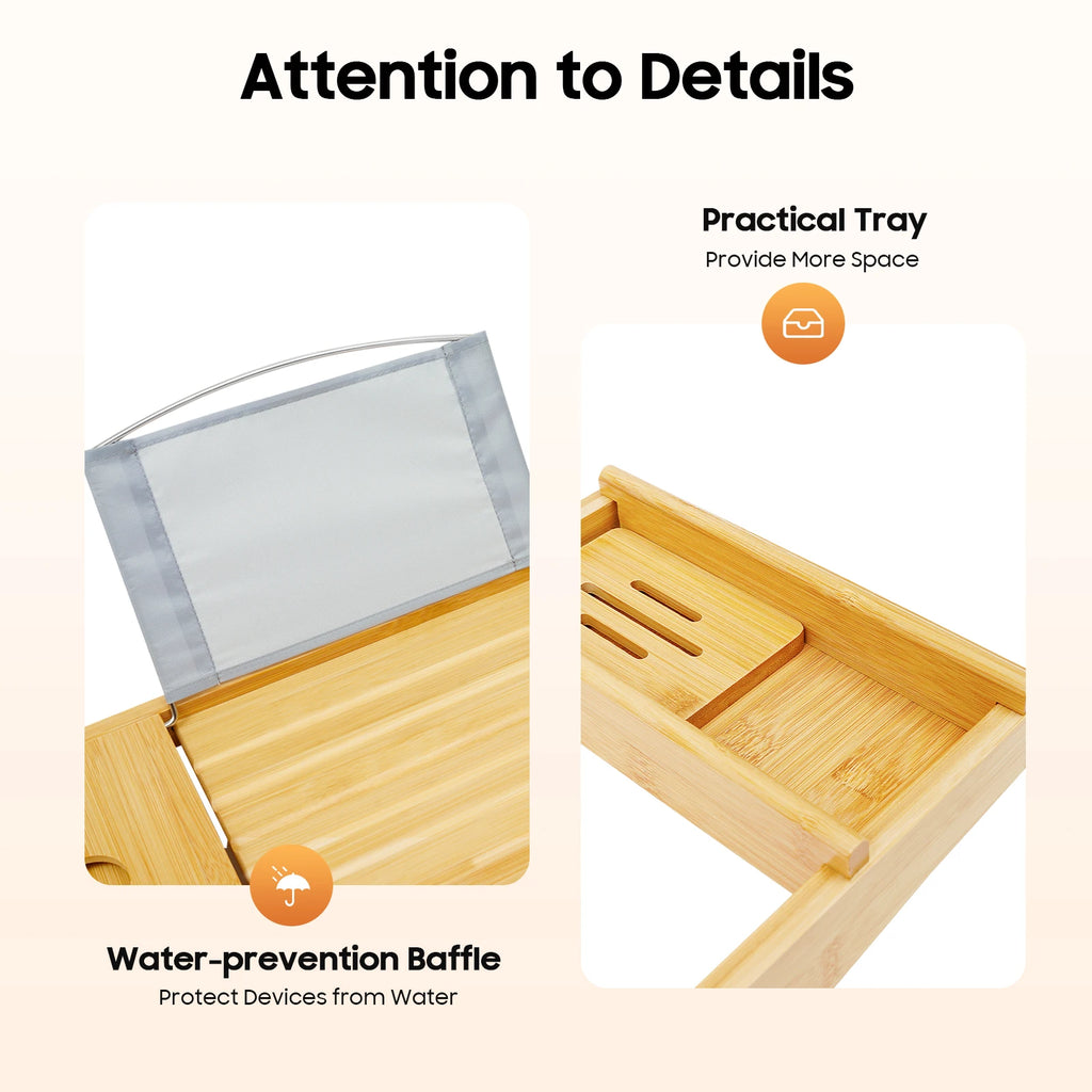 Adjustable Bamboo Bathtub Tray with Wine Glass Holder & iPad Slot, Waterproof Bath Caddy for Relaxation, Reading, Wine Time