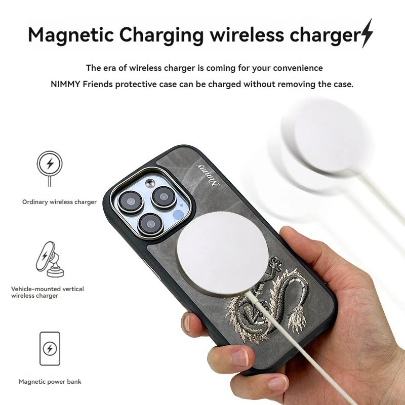 Dragon Phoenix 3D Embroidery Protective Case For iPhone 16 Pro Max Magnetic Wireless Charger Trend Original Fashion Cover - Firu Total Sales
