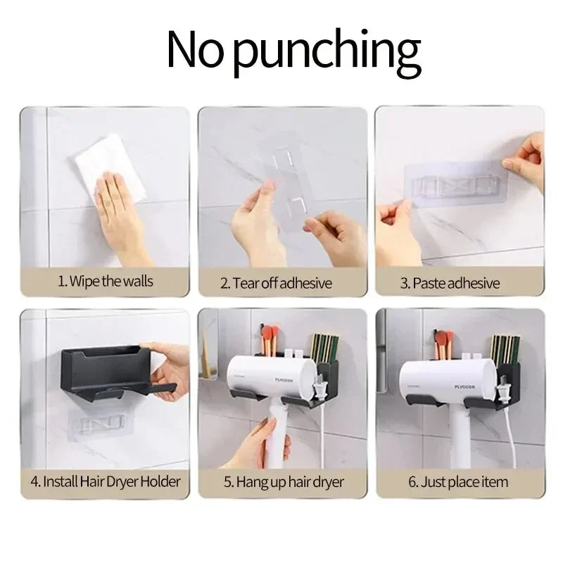 Hair Dryer Holder Wall Mount — Straightener Stand + Bathroom Organizer