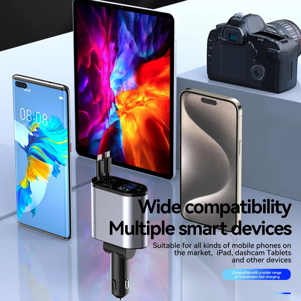 Cargador de Auto 4 en 1 120W Retráctil | USB Tipo C | iPhone Xiaomi Samsung 🔌