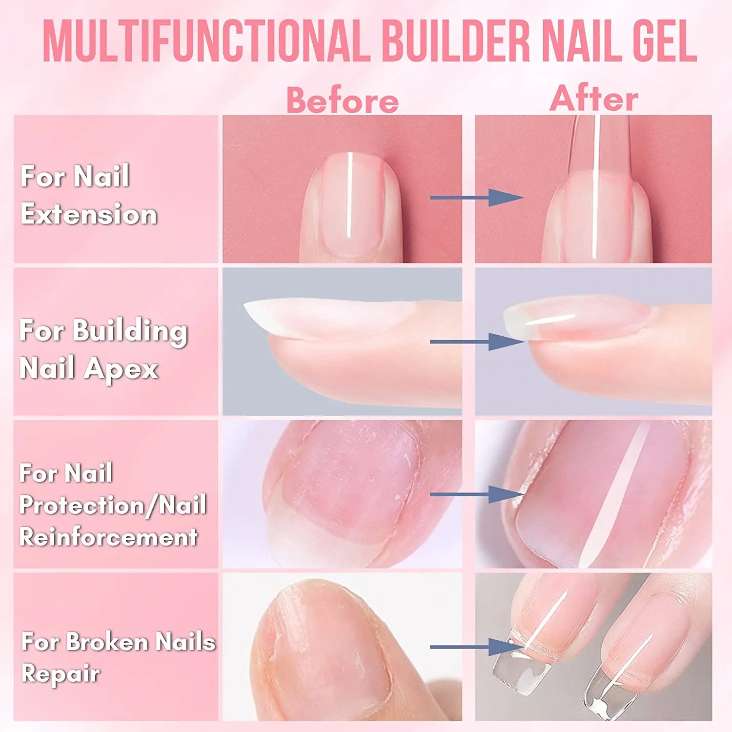 Makartt 5-in-1 Builder Gels Nail Gel Extension Nail Strengthen & Nail Repair Base Coat Nail Polish Soak Off  UV/LED Lamp Needed