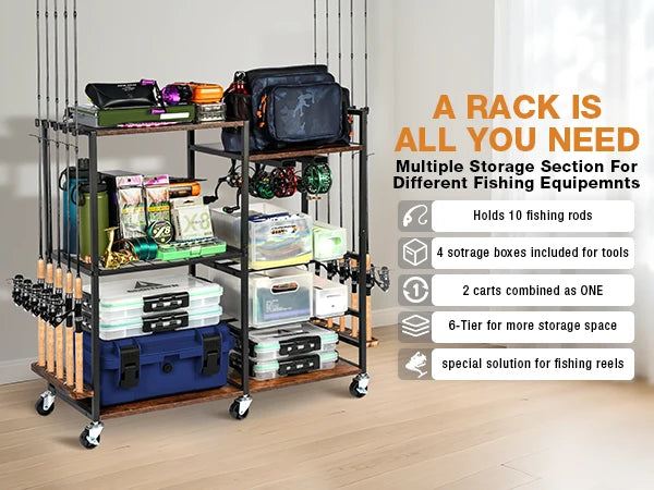 Fishing Rod Holders for Garage Fishing Pole Rack Containers Included, up to 10 Rods Tackle Box Reel Storage Fishing Rod Rack