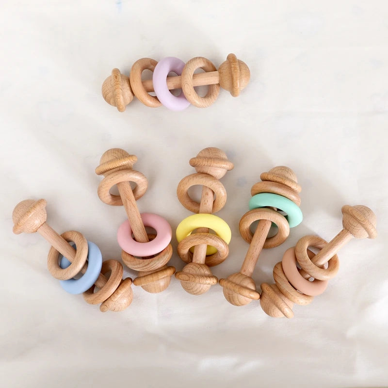 Wooden Rattle Silicone Ring — Sensory Baby Toy | 0-12 Months Gift