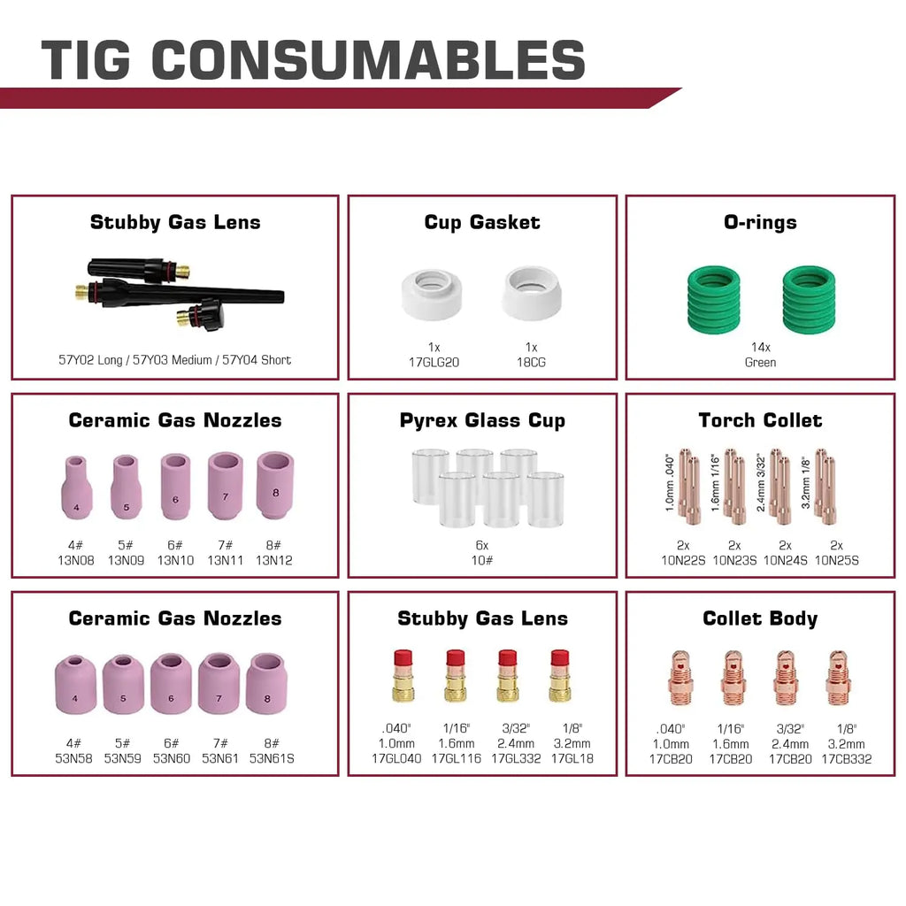 ARCCAPTAIN TIG Welding Torch Accessories Kit  Alumina Nozzle Collets Body Stubby Gas Lens #10 Glass Cup Consumables Kit