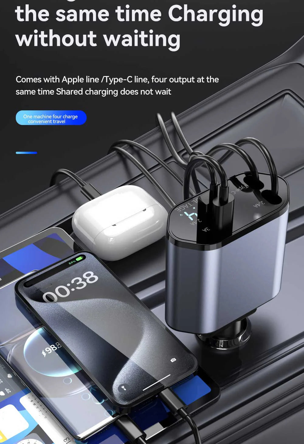 Cargador de Auto 4 en 1 120W Retráctil | USB Tipo C | iPhone Xiaomi Samsung 🔌
