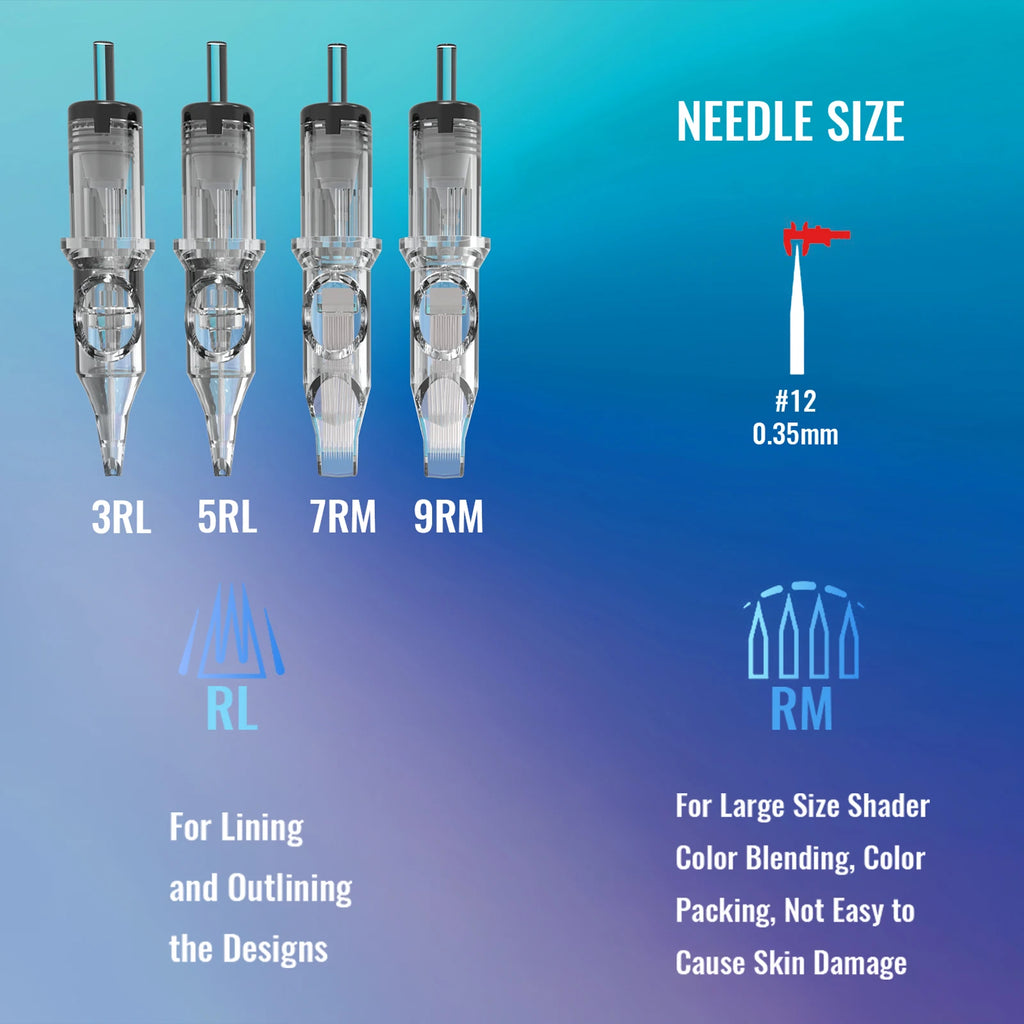 YILONG 50/20PCS Mixed Size Steriled Transparent Tattoo Cartridge Needles Needles with Membrane Safety Cartridges for Tattoo Pen