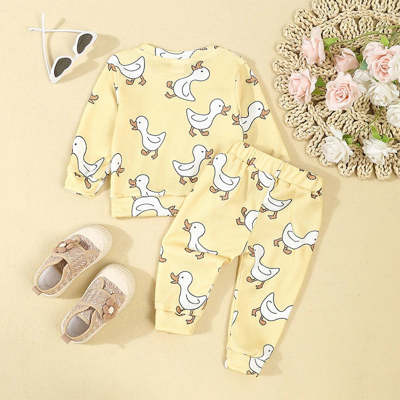 Cute Toddler Unisex Autumn Apparel Set with Adorable Duck Pattern Sweatshirt and Cozy Waffle Texture Pants for Boys and Girls - Firu Total Sales
