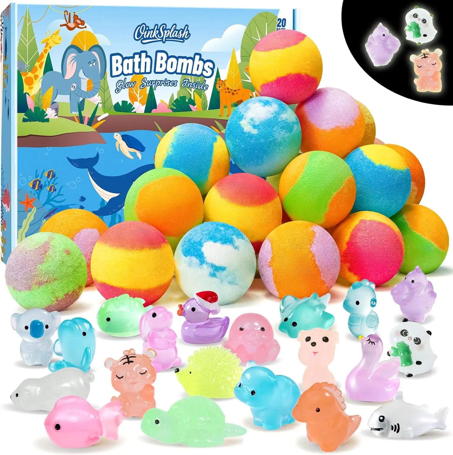 Kids Bath Bombs with Surprise Toys, 20-Pack Glow-in-the-Dark Fizzy Balls for Fun Christmas Gifts