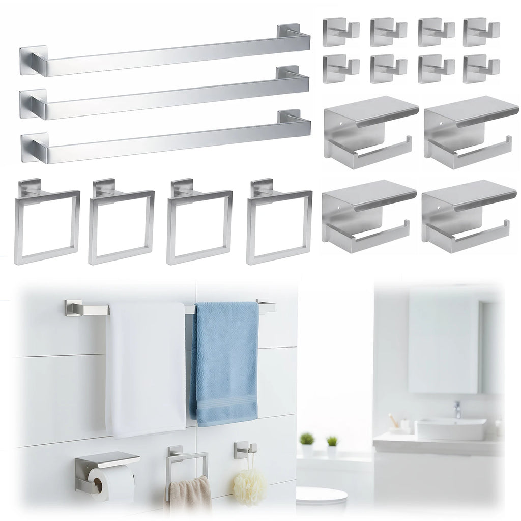20-Pieces Stainless Steel Bathroom Hardware Set Wall Mounted Bath Towel Bar Set Towel Rack/Toilet Paper Holder/Towel Ring/Hook