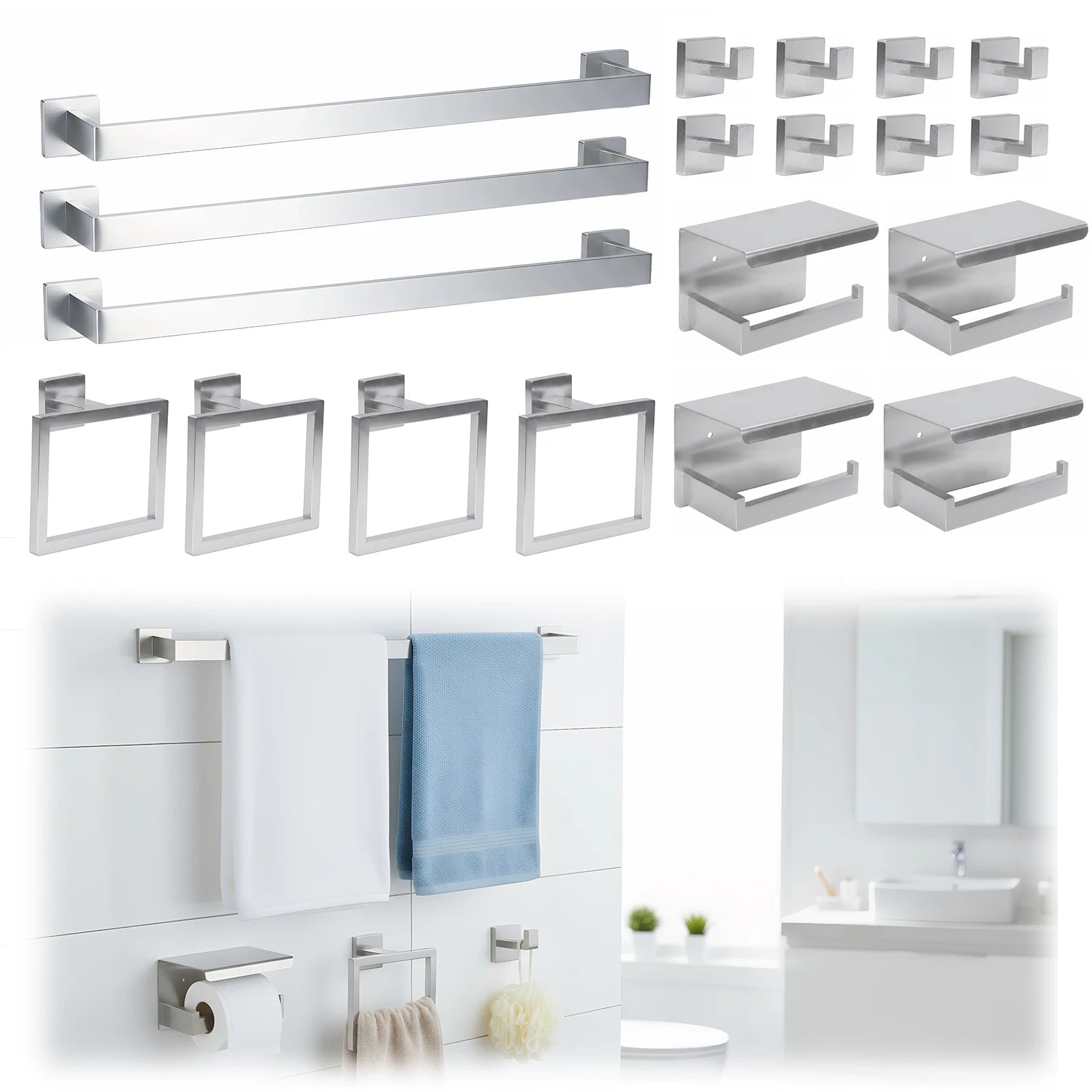 20-Pieces Stainless Steel Bathroom Hardware Set Wall Mounted Bath Towel Bar Set Towel Rack/Toilet Paper Holder/Towel Ring/Hook