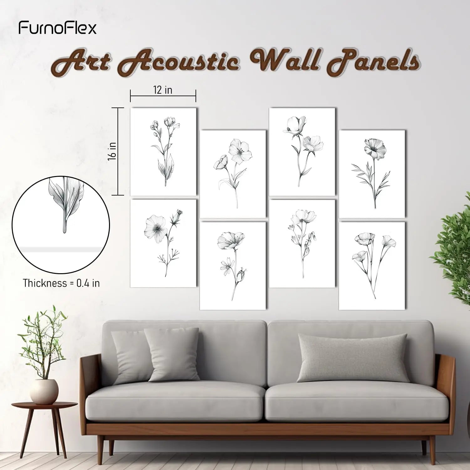 Acoustic Panels Tiles Decorative Room Sound Proof Foam Absorbing Noise Dampening for Walls Floral Sketch 48x32 in