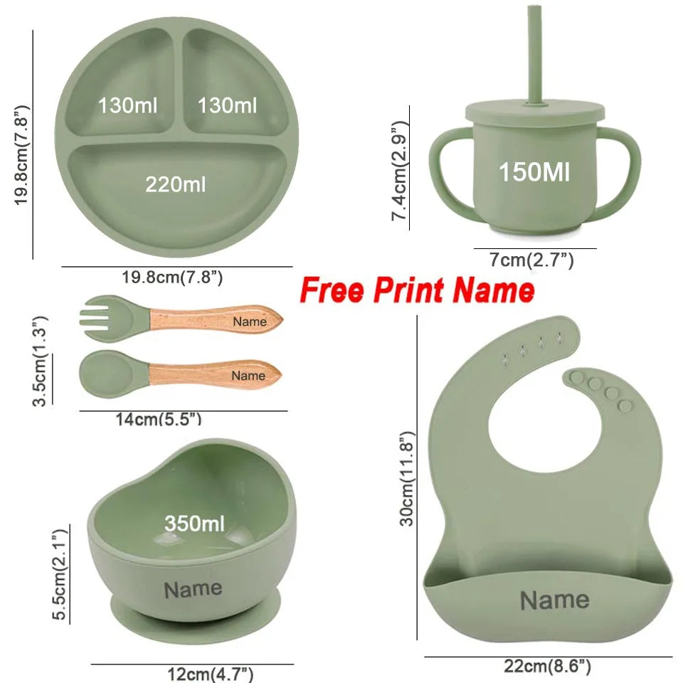 Set 6pcs Vajilla de Silicona para Bebé | Bol, Plato, Cuchara, Tenedor, Babero y Vaso 🍼