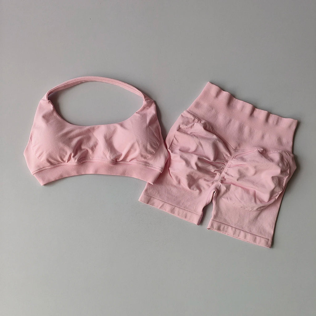 2 Pieces Yoga Suit for Women Seamless Fitness Gym Clothes Halter Sports Bra Matching Impact Shorts Workout Sets Gym Outfit