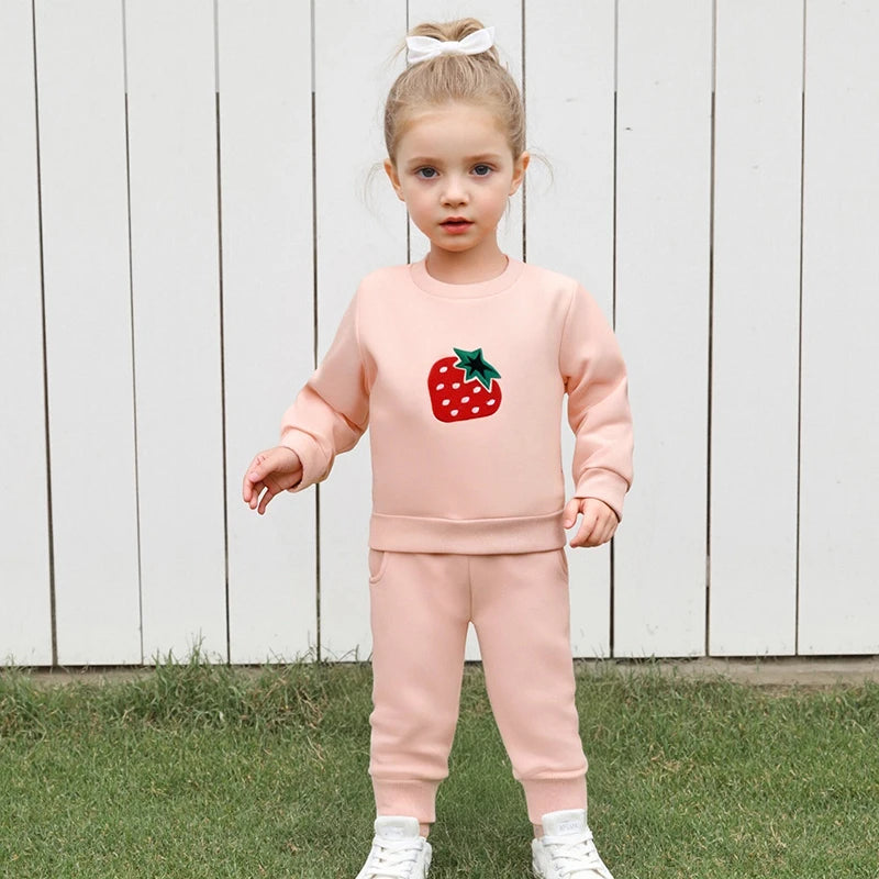 Cute Toddler Girl Autumn Ensemble Adorable Strawberry Embroidered Crew Neck Sweatshirt with Matching Long Pants 2-Piece Set - Firu Total Sales