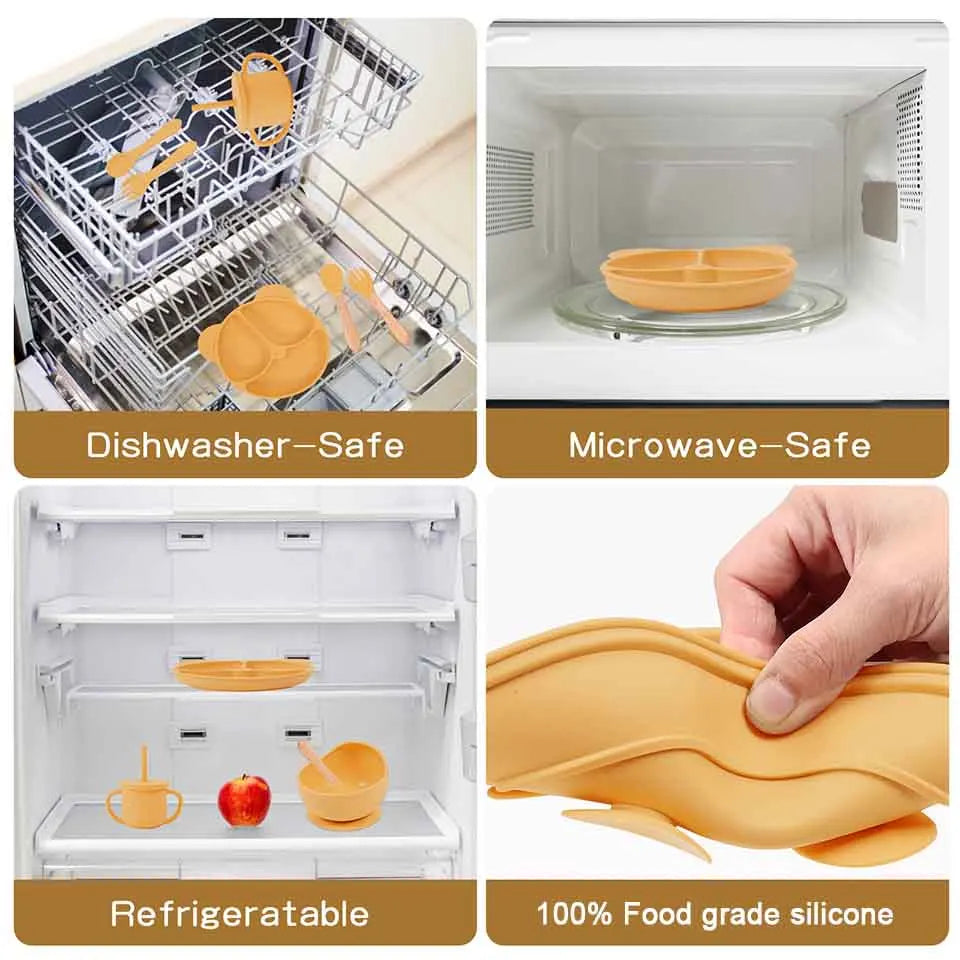 Set 6pcs Vajilla de Silicona para Bebé | Bol, Plato, Cuchara, Tenedor, Babero y Vaso 🍼