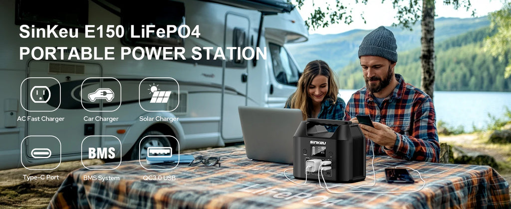 SinKeu E150 Estación Eléctrica Portátil 150W | 122.8Wh LiFePO4 | Solar | AC 110V | Linterna LED | Camping y RV