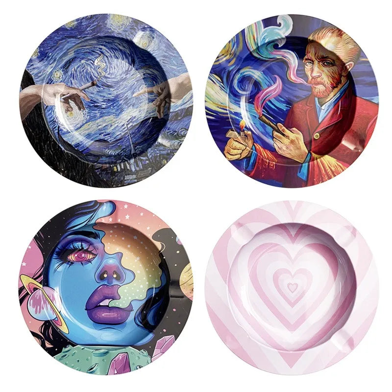 1PCS New Arrival Tinplate Ashtrays Tobacco Herb Round Ashtray Cartoon Creative Cigarette Ashtray Smoking Accessories home decor