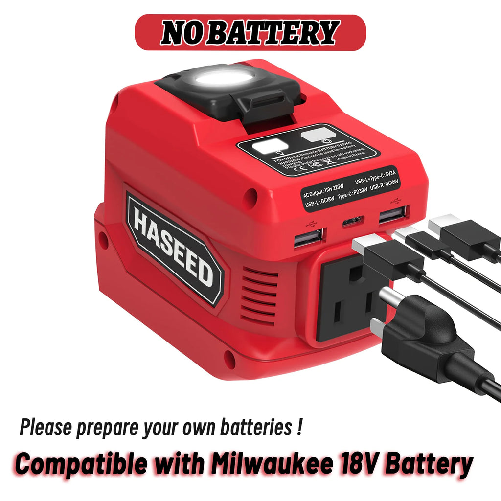 Kzreect Inversor 200W | Batería Milwaukee 18V | AC 110V | 4 Salidas | LED 300LM | Camping y Auto