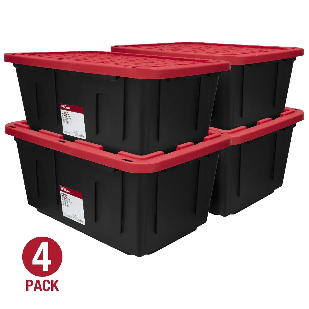 4 Pack 27 Gallon Storage Bin with Snap Lid Black Red Heavy Duty Plastic Tote Container Stackable Home Organization
