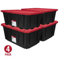 4 Pack 27 Gallon Storage Bin with Snap Lid Black Red Heavy Duty Plastic Tote Container Stackable Home Organization