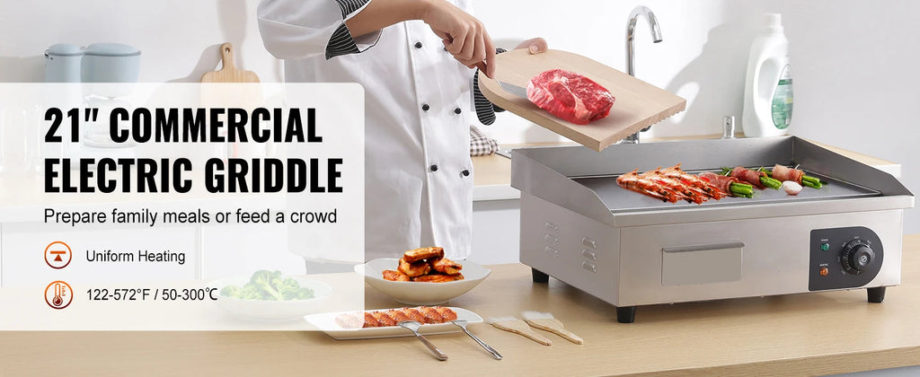 SucceBuy 21In Commercial Electric Grill Flat Pan Stainless Steel Desktop Griddle Hotplate Teppanyaki Grill w/Temperature Control
