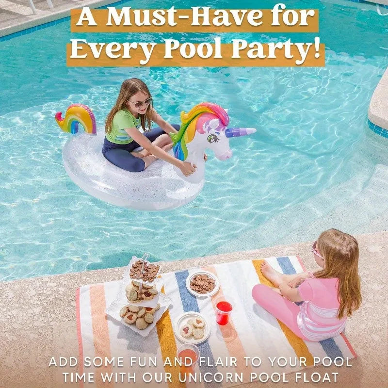 JOYFY Unicorn Pool Float Inflatable Rainbow Unicorn Floaty with Glitters Fun Pool Floats Raft Lounge for Summer DecorationsToys