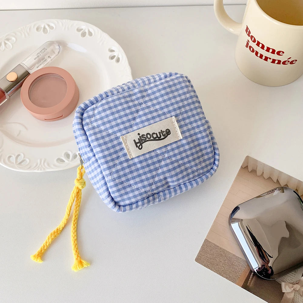 Ins Style Plaid Mini Coin Purse Portable Cosmetic Storage Bag Lady's Lipstick Bag and Card Holder Kawaii Tofu Pillow Bag