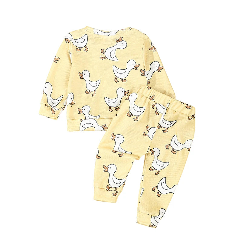 Cute Toddler Unisex Autumn Apparel Set with Adorable Duck Pattern Sweatshirt and Cozy Waffle Texture Pants for Boys and Girls