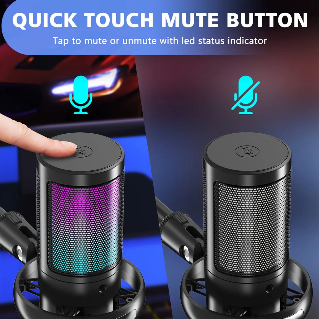 Microphone, USB PC Mic For Podcasts Videos, Streaming, Condenser Mic With Quick Mute, Tripod Stand, Pop Filter, RGB Indicator, S