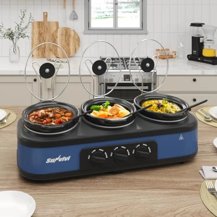Triple Slow Cooker Buffet Server Warmer with 3 Removable Ceramic Pots 3 Adjustable Temp Settings 3 Metal Lid Rests Stainless St