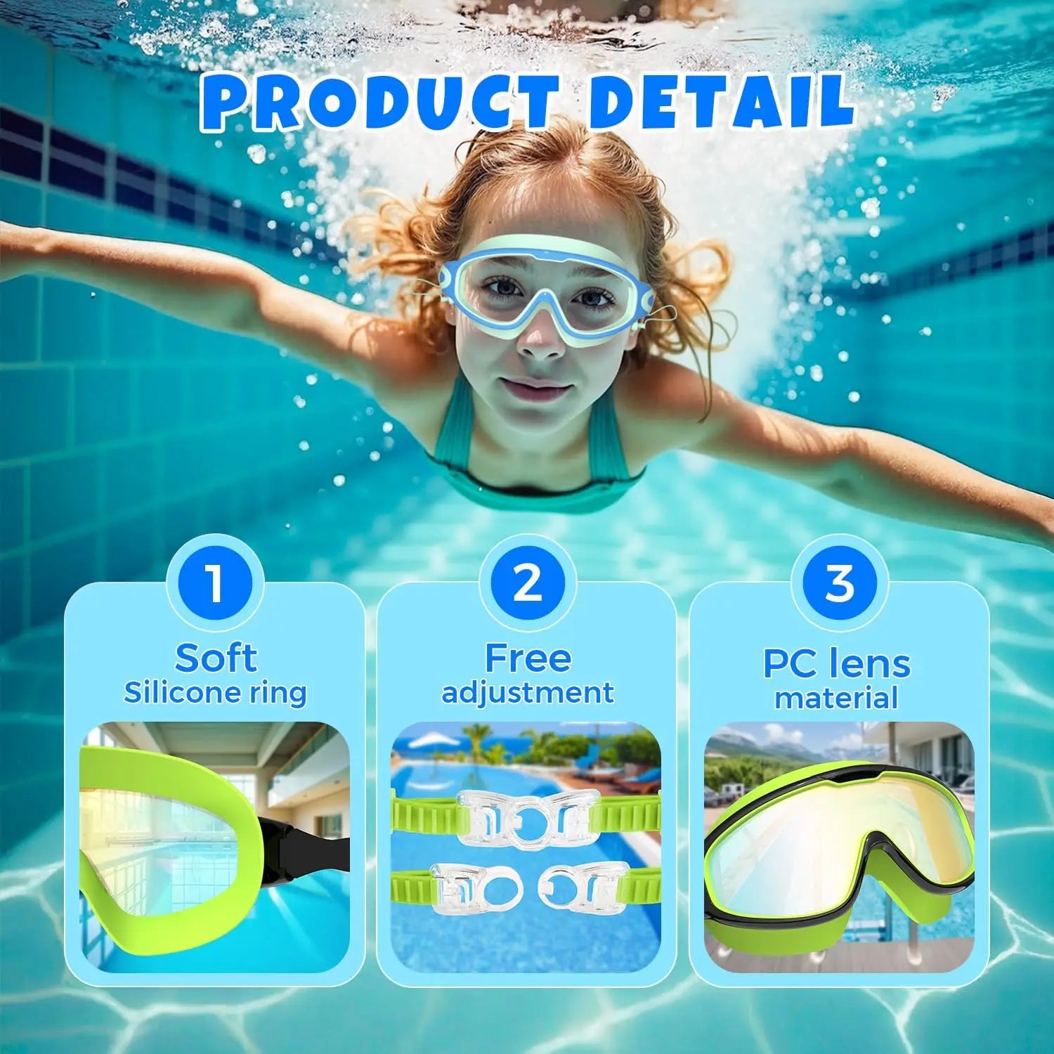Kids Swim Goggles with Earplugs, Anti-Fog UV Protection for Boys Girls Ages 3-15, Large Frame 2PCS