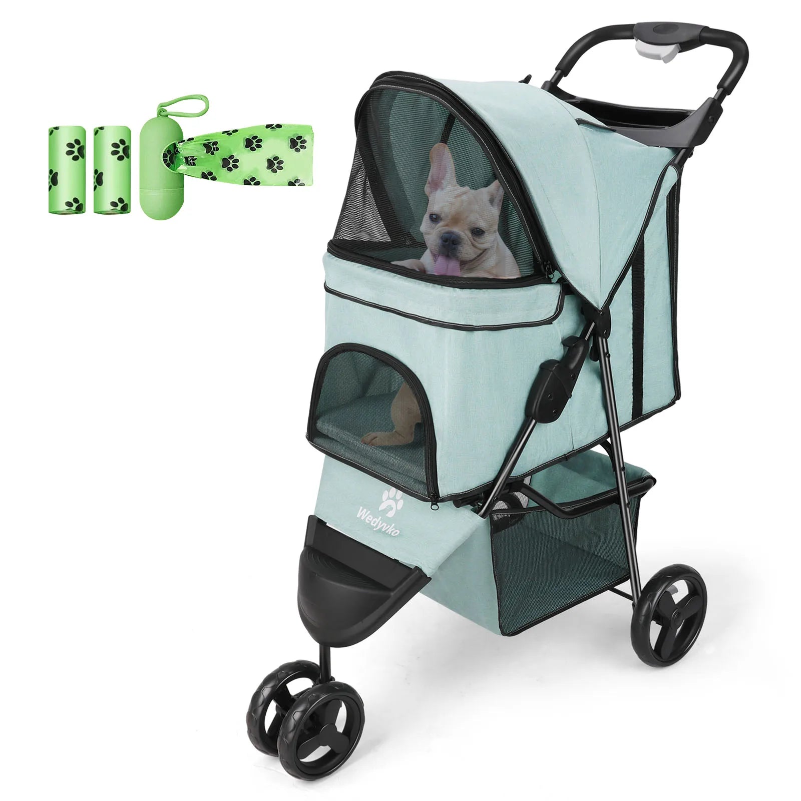 carreola para mascotas perro 3 Wheel Foldable Cat Dog Stroller with Storage Basket, Handle 360° Pet Dog Stroller - Firu Total Sales