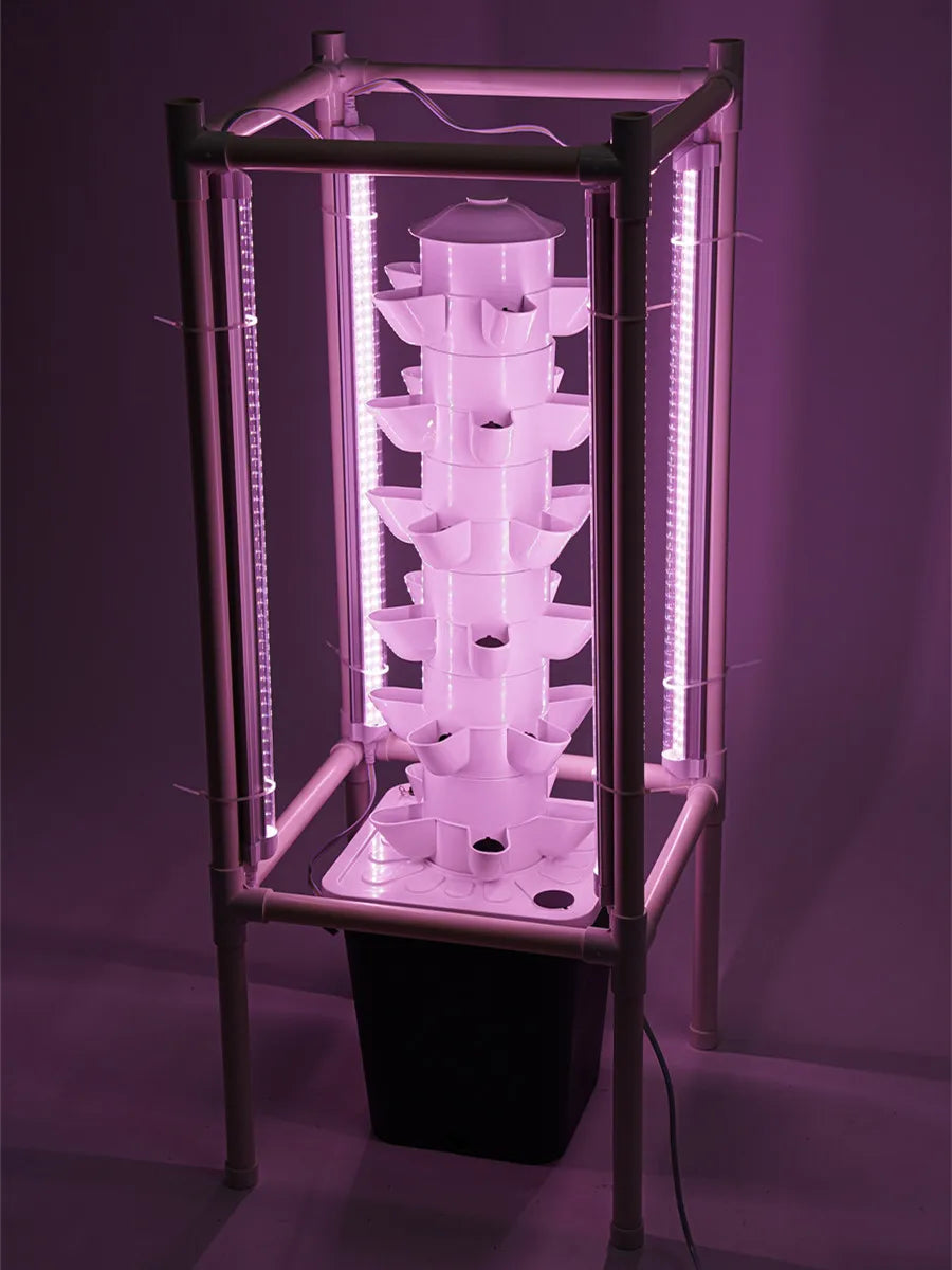 6-Tiers 30 Planting Holes Hydroponics Vertical Growing Kit, Tower Standing Soilless Vegetable Grower with LED & Water Tank