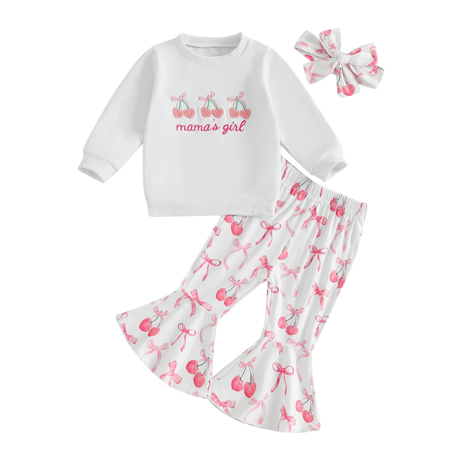 Toddler Girls Adorable Clothing Set with Cherry Embroidery Sweatshirt Bow Print Flared Pants and Matching Headband - 3 Piece - Firu Total Sales