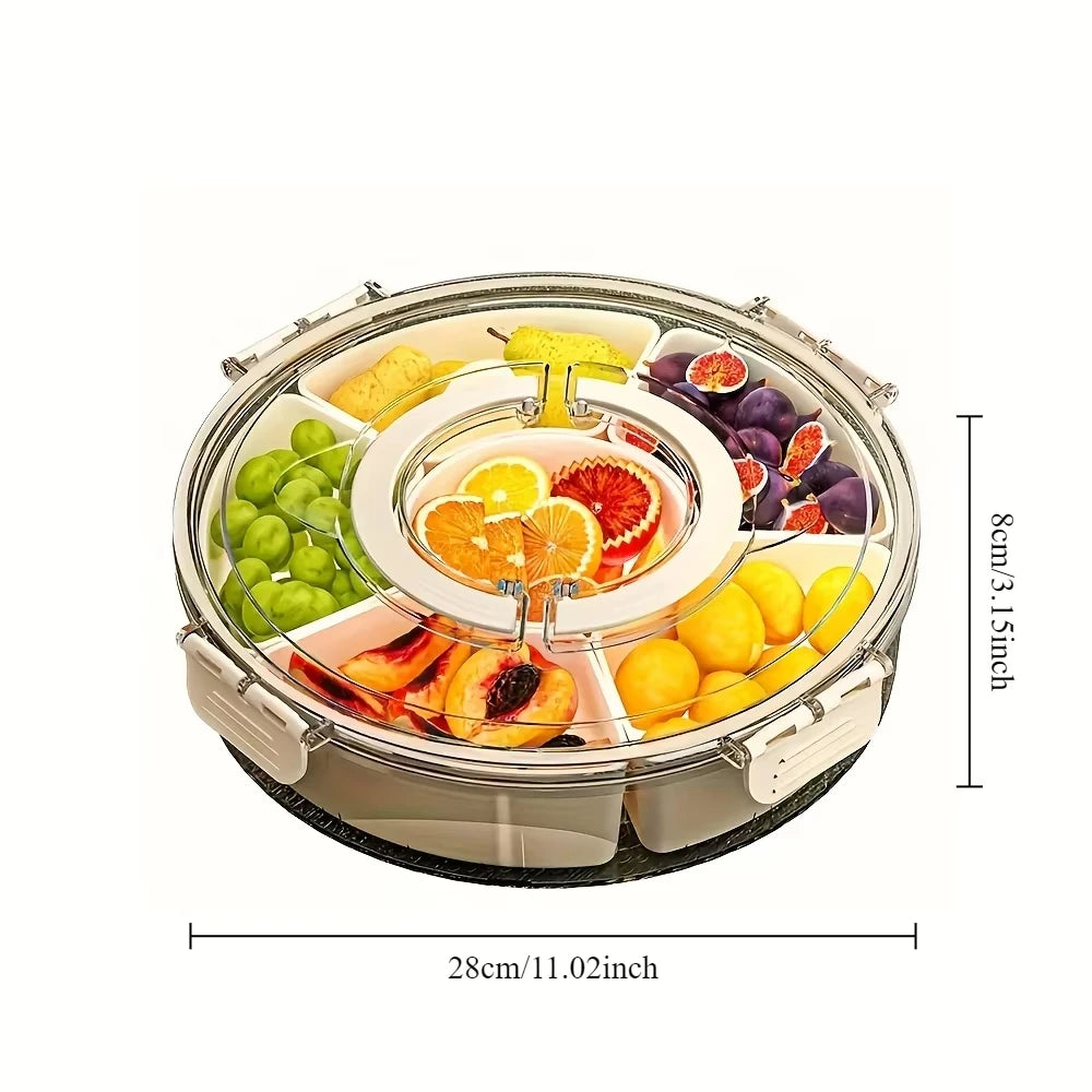 Rotatable 5-Compartment Food Storage Tray with Lid Handle Dried Fruit Snack Vegetable Container Home Kitchen Serving Dish