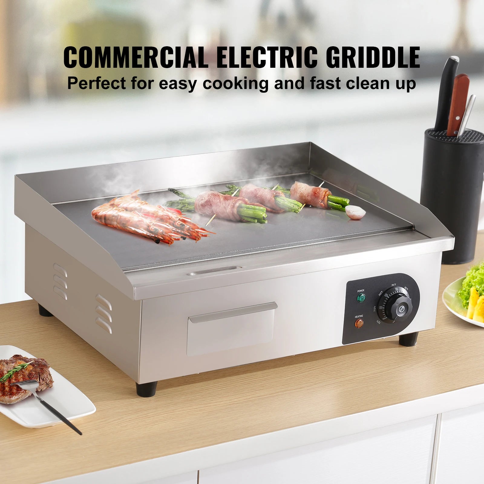 SucceBuy 21In Commercial Electric Grill Flat Pan Stainless Steel Desktop Griddle Hotplate Teppanyaki Grill w/Temperature Control