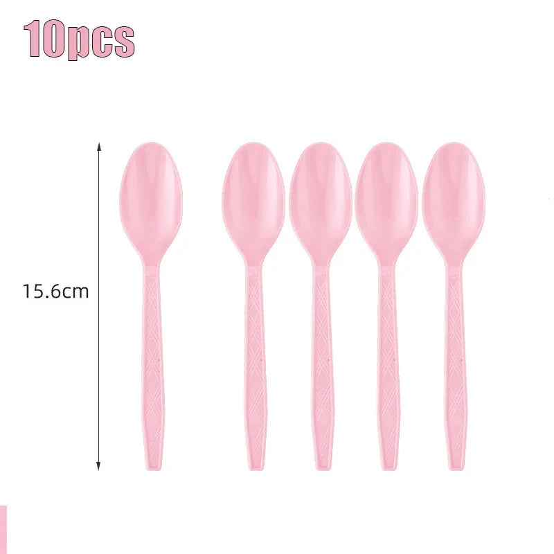 Solid Color Pink Disposable Kids Party Tableware Supplies Napkin Cup Plate Knife Fork Spoon Kids Birthday Party Supplies
