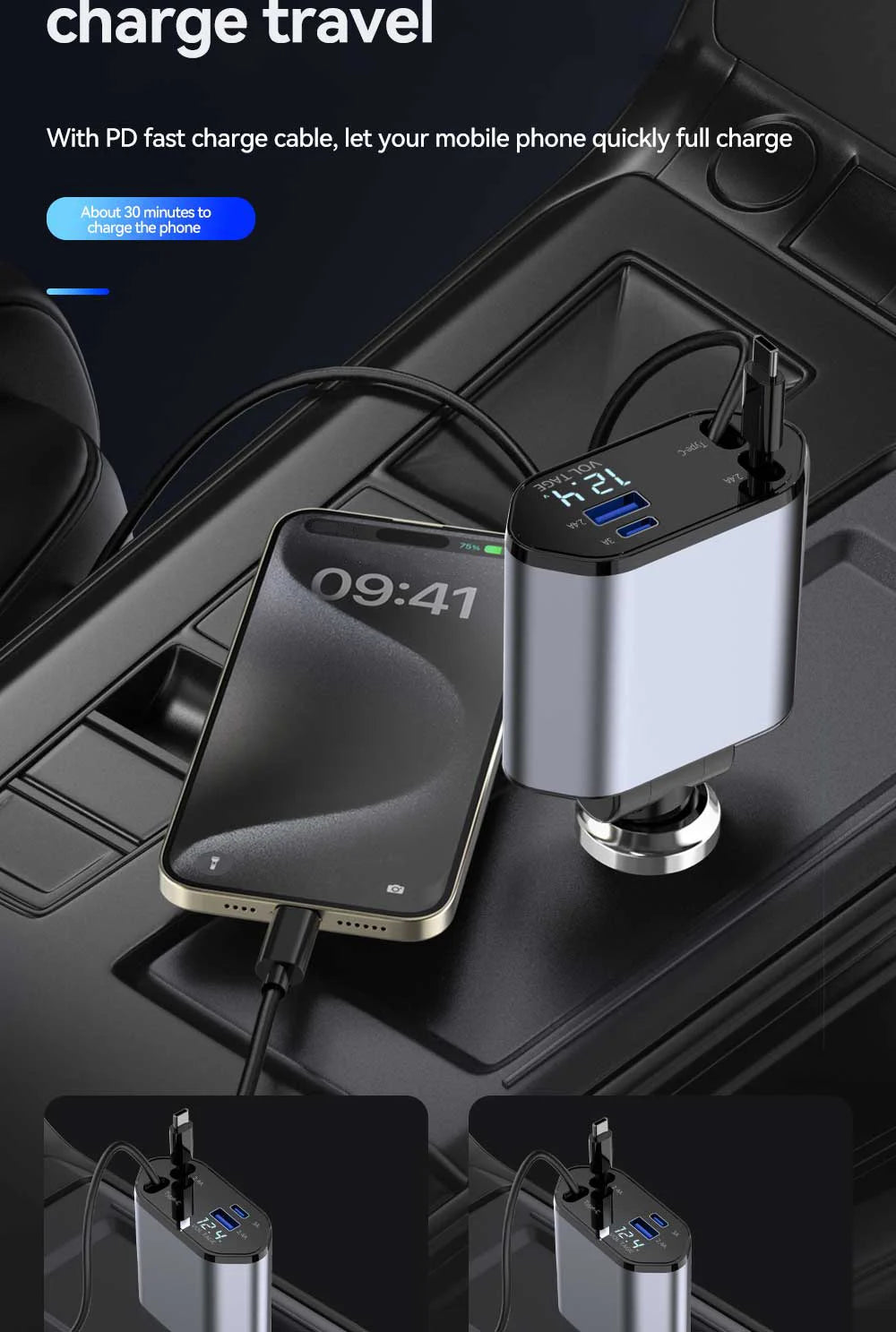 Cargador de Auto 4 en 1 120W Retráctil | USB Tipo C | iPhone Xiaomi Samsung 🔌