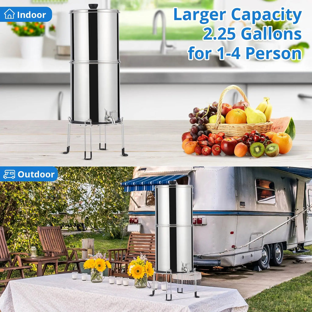 Water Filter System 304 Stainless Steel with 2 Black Carbon Filters and Anti-Slip Stand, Chlorine and Lead Reduction, 2.25Gallon