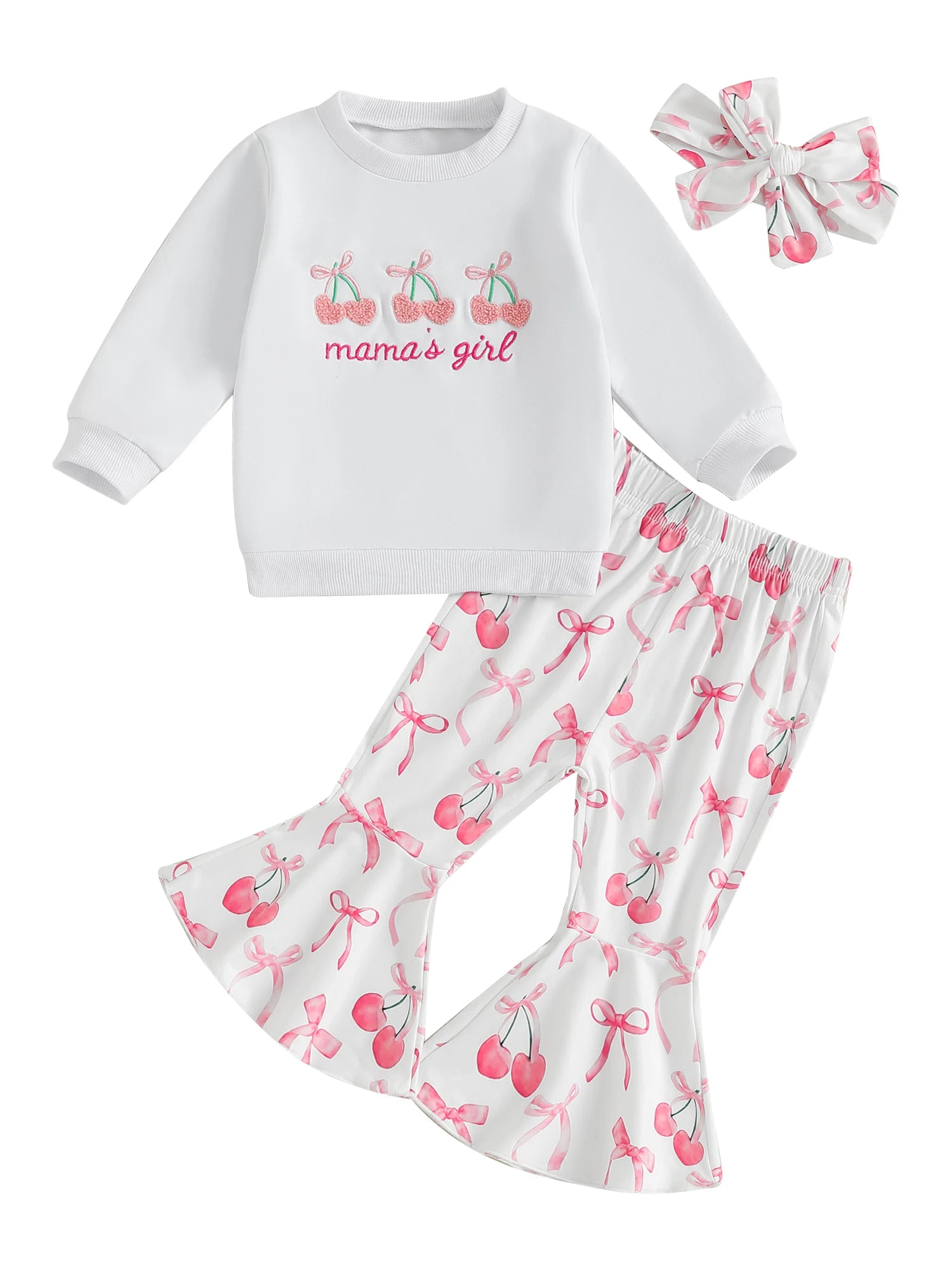 Toddler Girls Adorable Clothing Set with Cherry Embroidery Sweatshirt Bow Print Flared Pants and Matching Headband - 3 Piece - Firu Total Sales