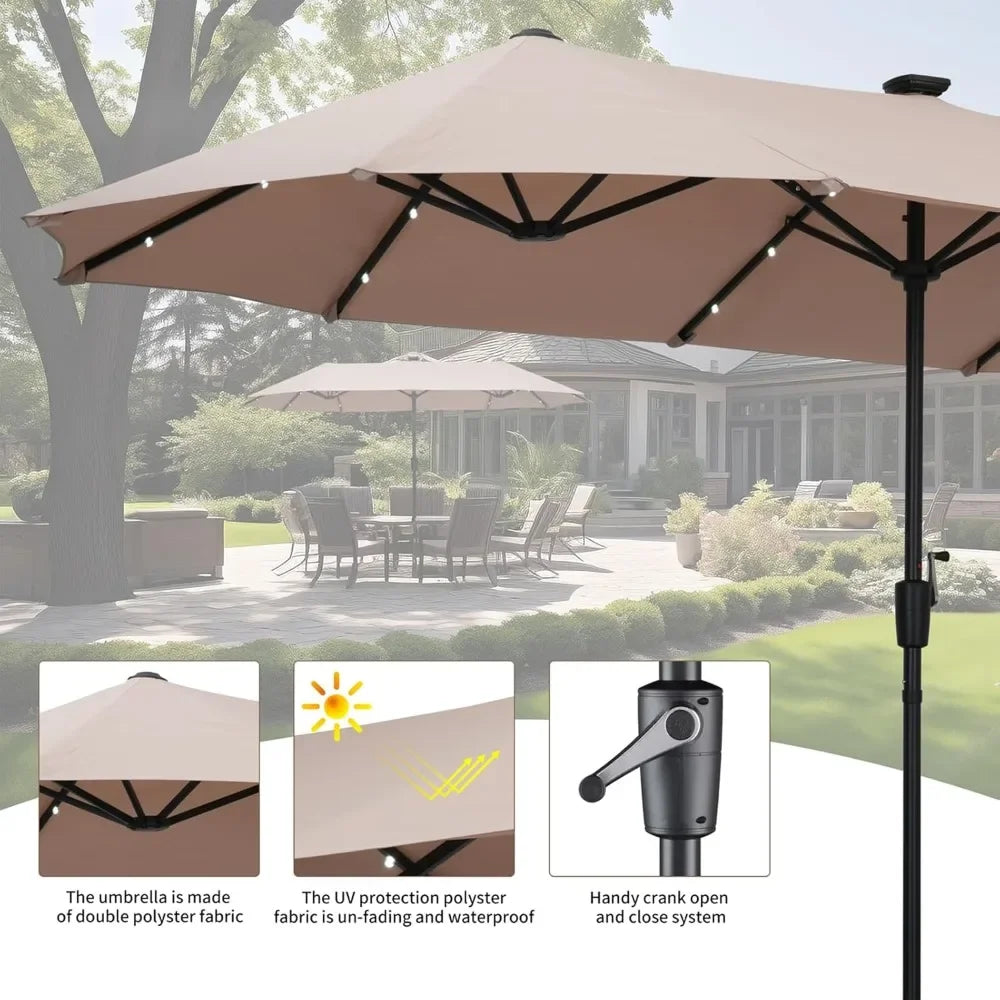 13ft Rectangular Patio Umbrella with 36 Solar LED Lights, Ultimate Sun Protection, Easy To Shake, for Deck, Garden, Khaki